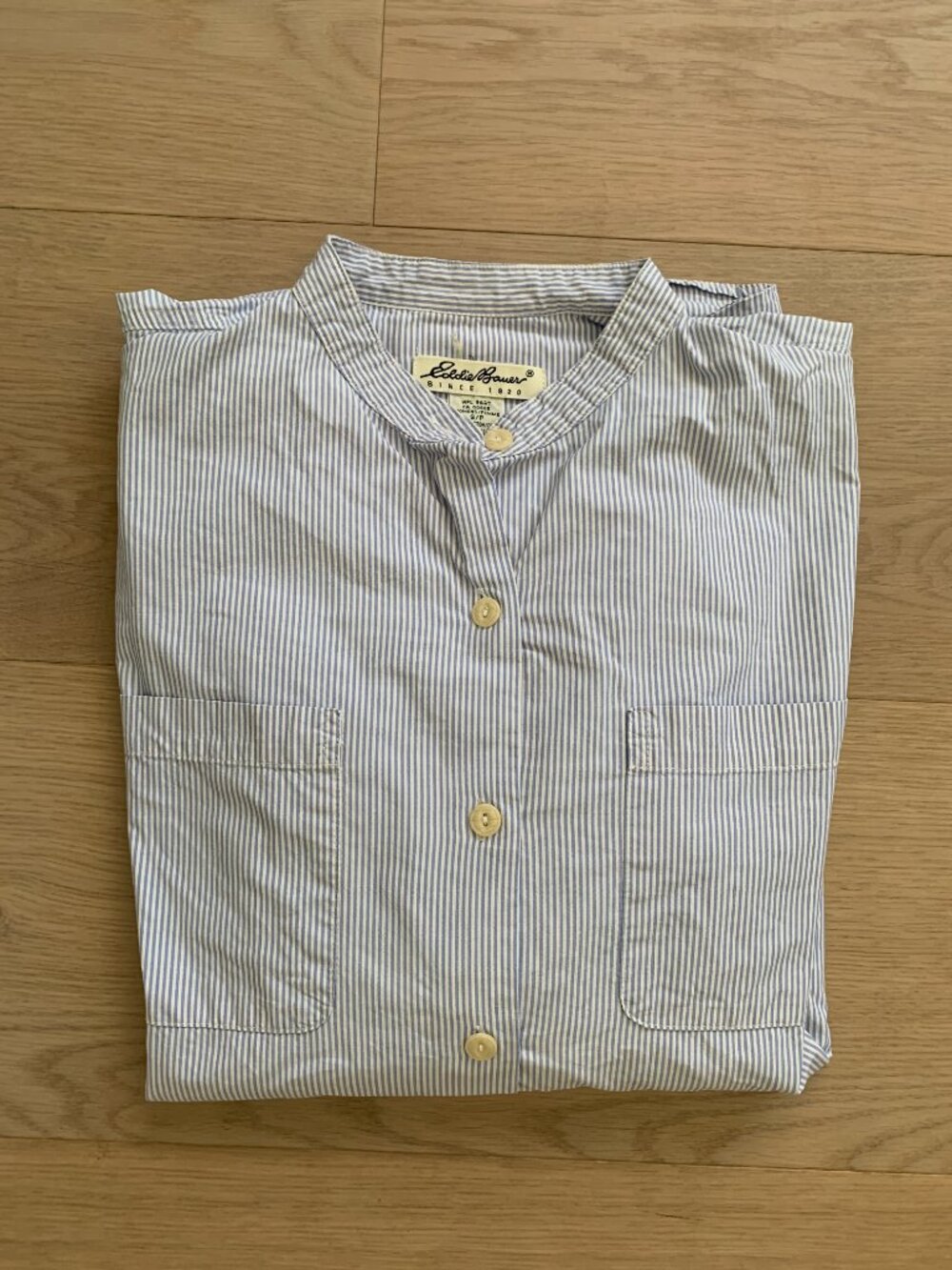 Vintage Collarless Button Up Shirt Women’s Small Blue White Stripe Coastal Style - Picture 4 of 8
